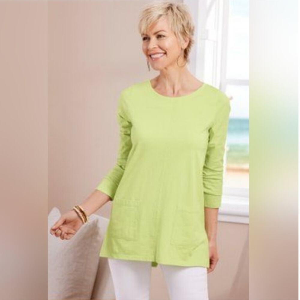 Soft Surroundings Lime Green Boho Lagenlook Cotton Tunic with Long Sleeves